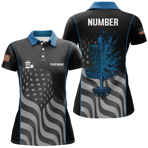 Blue black American flag Womens disc golf polo shirt custom name, number patriotic disc golf jerseys NQS7328