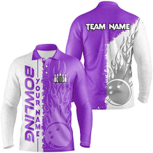 Load image into Gallery viewer, Mens Bowling polo shirts Custom white &amp; purple flame Bowling ball and pins bowling Team league Jerseys NQS7329