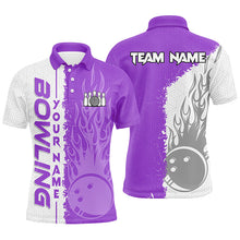 Load image into Gallery viewer, Mens Bowling polo shirts Custom white &amp; purple flame Bowling ball and pins bowling Team league Jerseys NQS7329