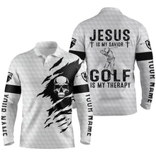 Load image into Gallery viewer, Mens golf polo shirt Jesus is my savior, golf is my therapy custom name white skull golf shirt NQS3645