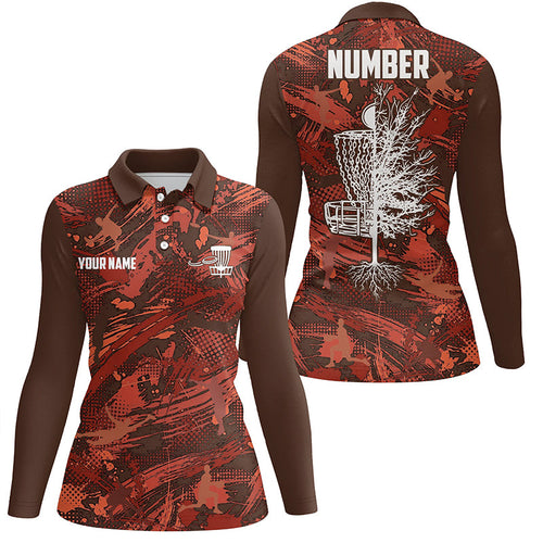 Womens Disc golf polo shirt custom red camo Disc Golf Basket Tree jerseys, disco golf outfit NQS6685