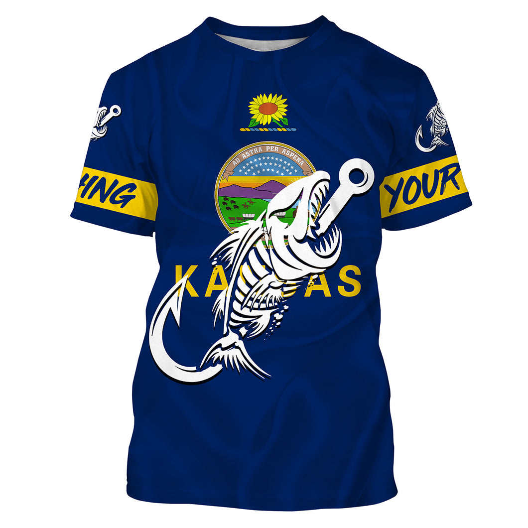 KS Fishing Custom Kansas Flag Fish hook skull Custom sun protection fishing shirts for men, women NQS3349