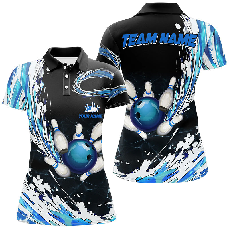 Blue Bowling Womens polo Shirts Custom bowling ball pins black bowling team league Jerseys NQS6461