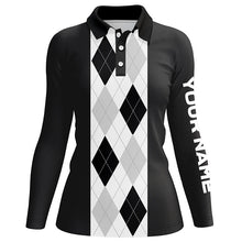 Load image into Gallery viewer, Black argyle plaid pattern Womens golf polo shirt custom golf polos shirt for womens, golfing gifts NQS7192