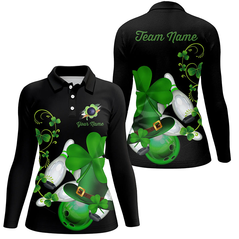 Green shamrock lucky Women bowling polo shirt Custom St Patrick Day black team league bowling jerseys NQS7195