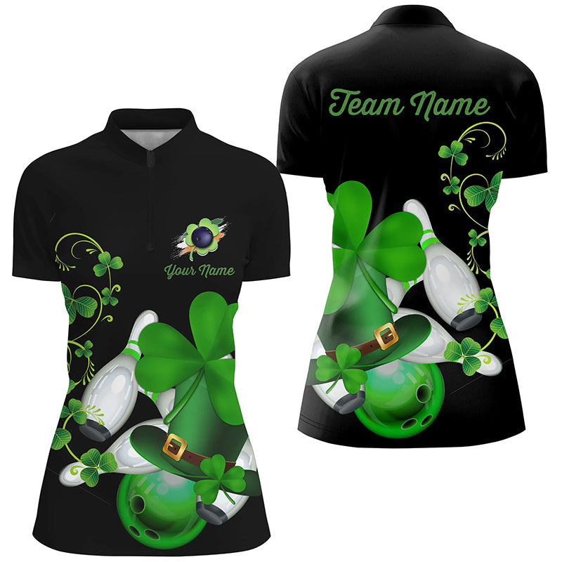 Green shamrock lucky Women bowling Quarter Zip shirt Custom St Patrick Day black team bowling jersey NQS7195