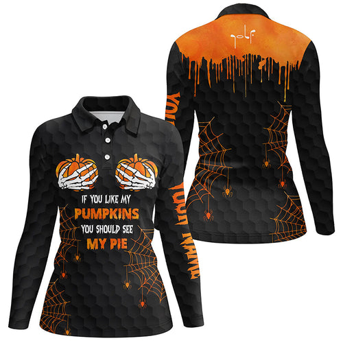 Funny Halloween Women golf polo shirt custom black orange If you like my pumpkin you should see my pie NQS6464