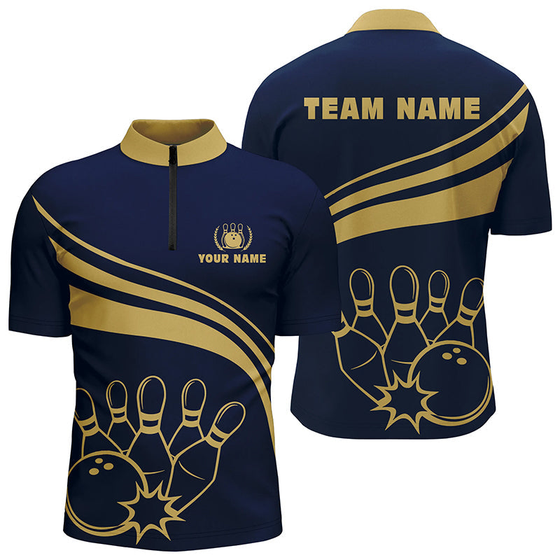 Personalized bowling Quarter Zip shirts for men, custom men's bowling shirt team bowl jersey | Navy NQS6707