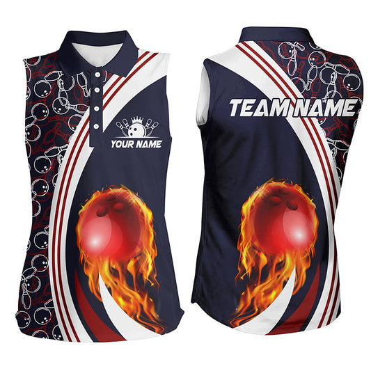 Bowling sleeveless polo For women Custom camo flame bowling ball fire Bowling Team League Jersey| Navy NQS6716