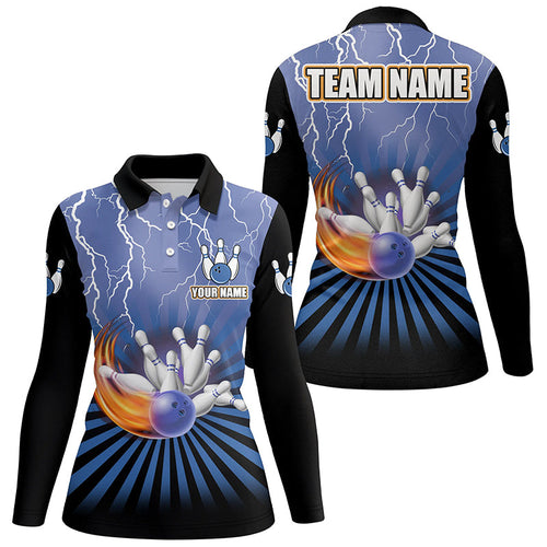 Women Bowling Polo Shirts Custom lightning storm vintage Bowling Team Jersey, gift for Bowlers | Blue NQS7080