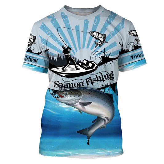 Salmon fishing blue jerseys Custom Name 3D All over Printed UV Protection Shirts, custom fishing gifts NQS3008