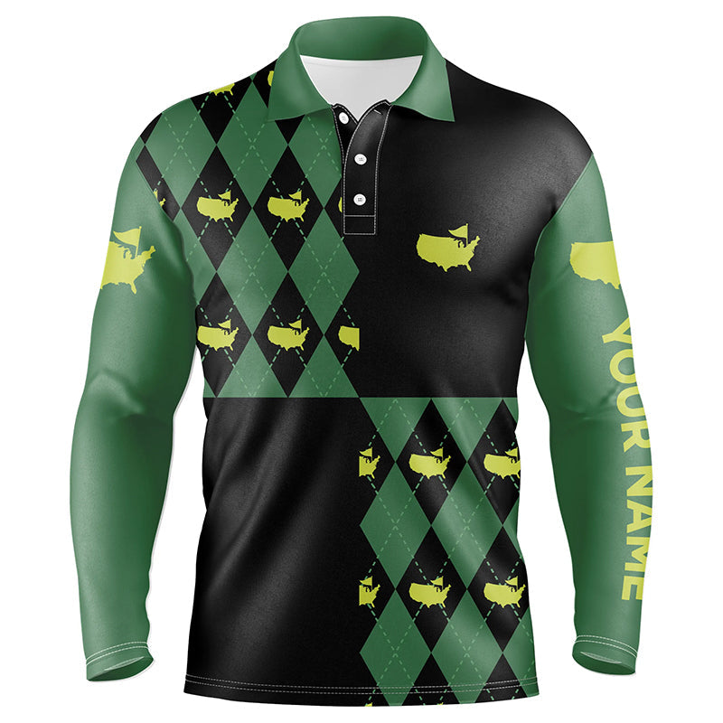 Mens golf polo shirts custom green and black argyle pattern golf tops for mens, coolest polo shirts NQS7202