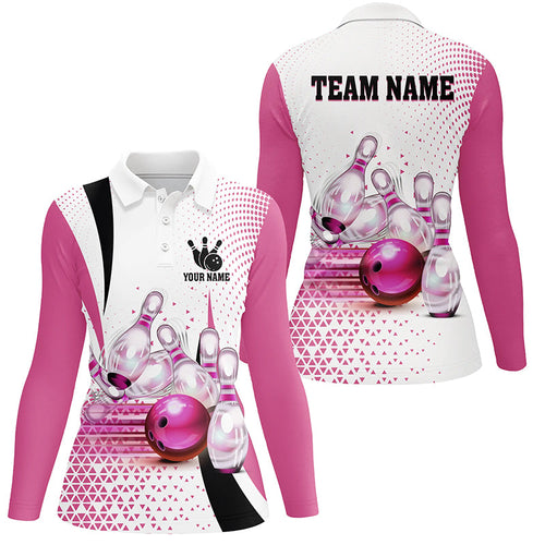 Women bowling polo shirt Custom bowling ball and pins bowling team shirts, gifts for bowlers | Pink NQS7211