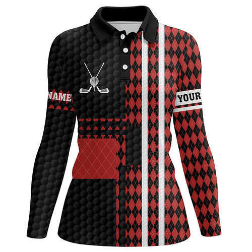 Black and red argyle pattern Womens golf polo shirt custom name golfing gifts, ladies golf tops NQS7089