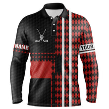 Load image into Gallery viewer, Black and red argyle pattern Mens golf polo shirts custom golfing gifts, best mens golf tops NQS7089