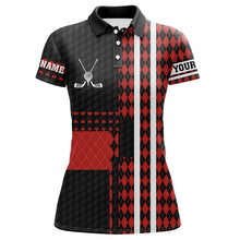 Load image into Gallery viewer, Black and red argyle pattern Womens golf polo shirt custom name golfing gifts, ladies golf tops NQS7089