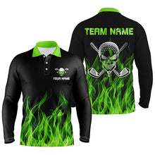 Load image into Gallery viewer, Black Mens golf polo shirts custom green flame skull golf clubs, personalized golf gifts for men NQS6259