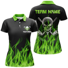 Load image into Gallery viewer, Black Womens golf polo shirt custom green flame skull golf clubs, personalized golf gifts for women NQS6259
