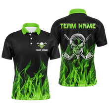 Load image into Gallery viewer, Black Mens golf polo shirts custom green flame skull golf clubs, personalized golf gifts for men NQS6259