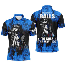 Load image into Gallery viewer, Mens golf polo shirts custom name blue flame golf skull it takes a lot of ballsto golf the way I do NQS4467