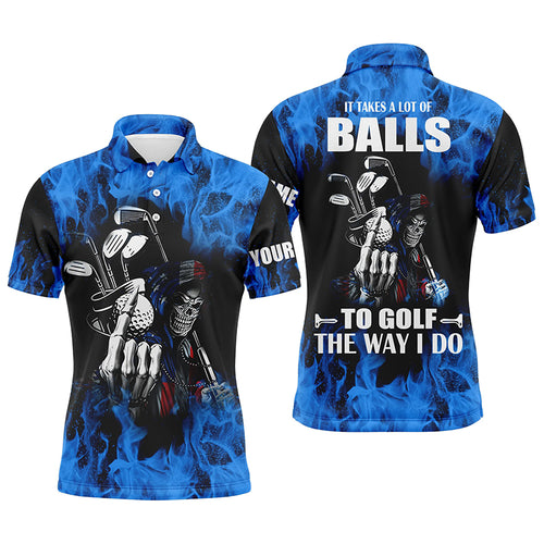 Mens golf polo shirts custom name blue flame golf skull it takes a lot of ballsto golf the way I do NQS4467