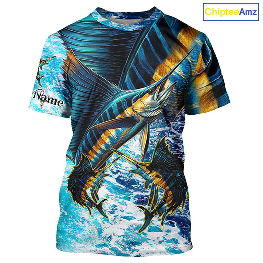 Sailfish fishing scales blue sea water camo Custom UV protection performance long sleeve fishing shirt NQS7097