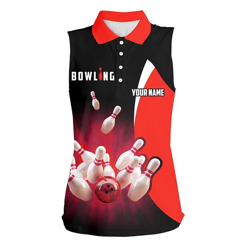 Custom bowling shirts retro black red Bowling sleeveless polo shirts for women, Bowling team jersey NQS6936