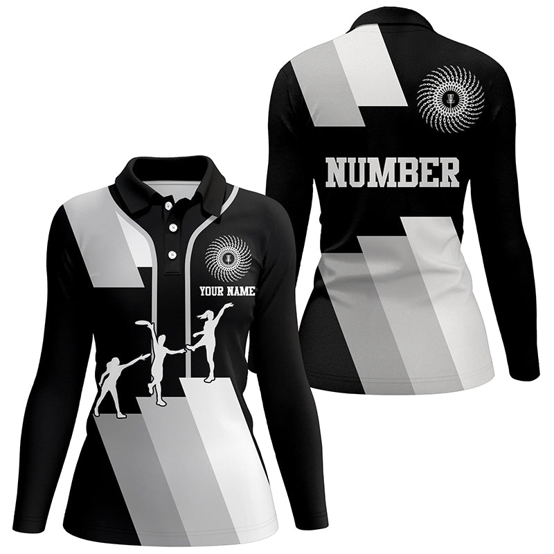 Black and white Womens disc golf polo shirts custom disco golf outfit, personalized disc golf gifts NQS6753