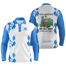 Load image into Gallery viewer, Mens golf polo shirts never underestimate an old man with a golf club custom golf shirts for men| Blue NQS4828