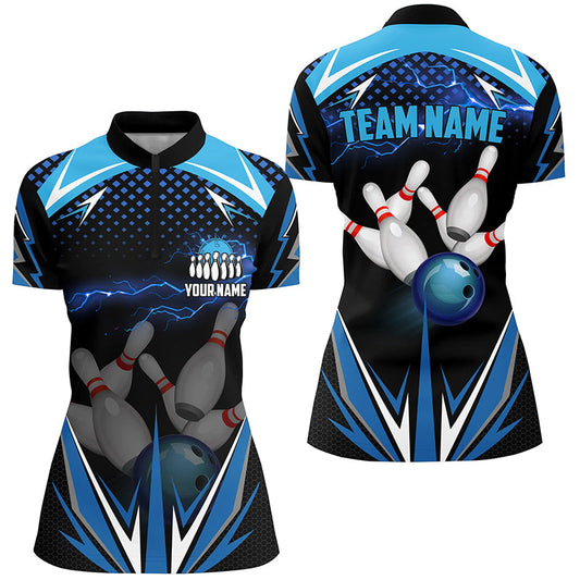 Black Women Bowling Quarter-Zip Shirt Custom blue lightning team Ladies Bowlers Jersey bowling outfits NQS6506