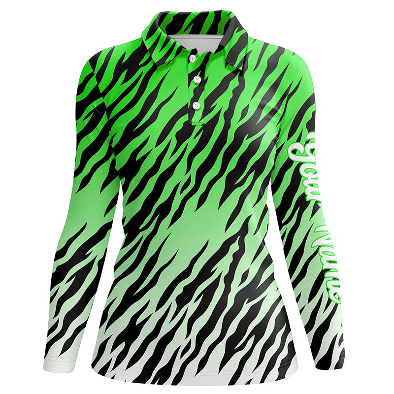 Green tiger stripes pattern Womens golf polo shirts custom golf apparel for ladies, best golf gifts NQS7109