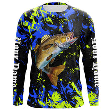 Load image into Gallery viewer, Walleye fishing green blue camo Custom UV protection performance long sleeve fishing shirt jerseys NQS7107