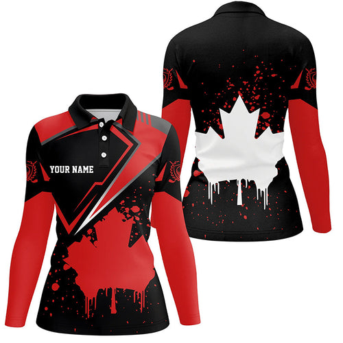 Black Womens golf polo shirt Canada flag maple leaf custom team golf shirt, Canadian patriot golf tops NQS7233