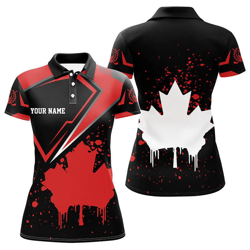Black Womens golf polo shirt Canada flag maple leaf custom team golf shirt, Canadian patriot golf tops NQS7233