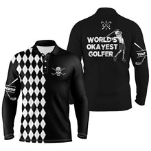 Load image into Gallery viewer, Mens golf polo shirt skull world&#39;s okayest golfer custom name black &amp; white argyle pattern golf shirts NQS5115