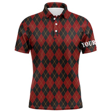 Load image into Gallery viewer, Black and red flat argyle pattern Mens golf polo shirt custom best mens golf wear, golfing gifts NQS6526