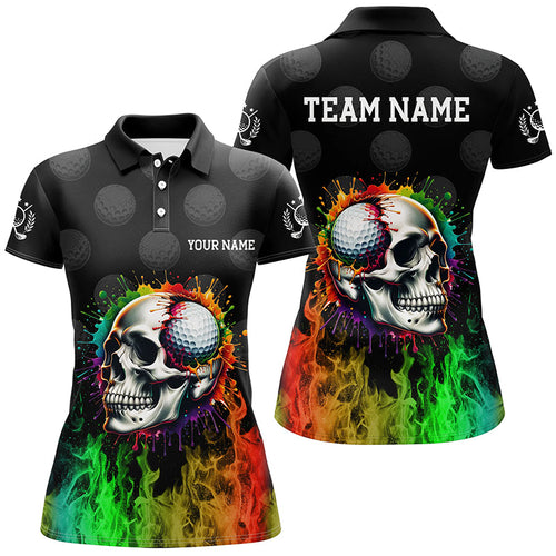 Personalized Womens golf polos shirt custom rainbow flame skull fire black ladies golf apparel NQS7125