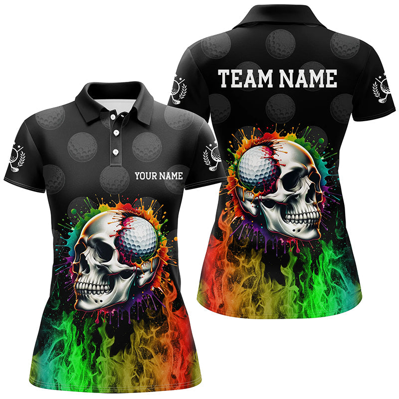 Personalized Womens golf polos shirt custom rainbow flame skull fire black ladies golf apparel NQS7125
