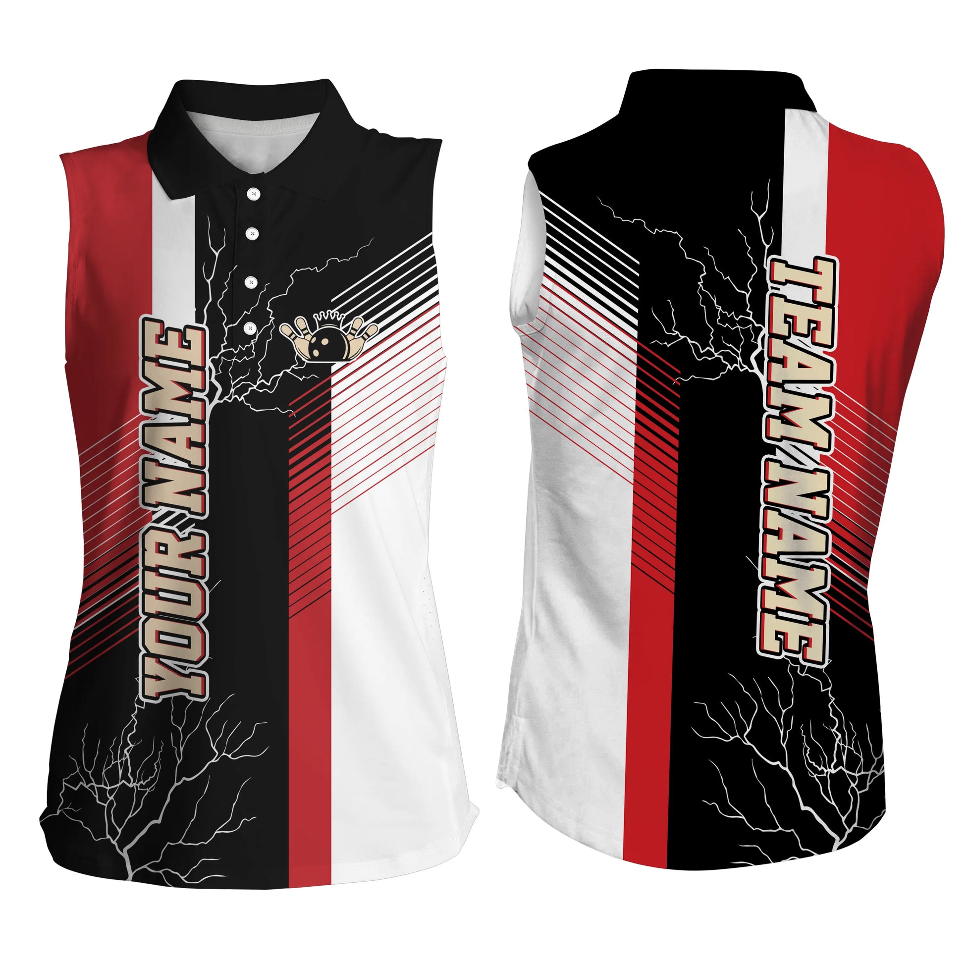Custom Red black sleeveless bowling shirt for women – personalized team jersey front view