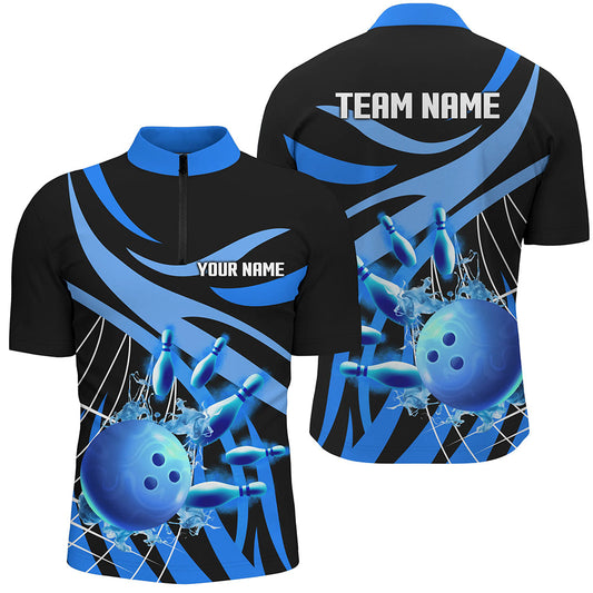Blue flame bowling Quarter Zip shirts for men Custom Team bowling jerseys for men, gift for bowlers NQS7243