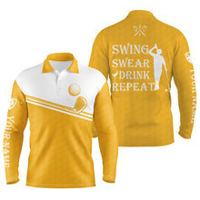 Load image into Gallery viewer, Mens golf polo shirt swing swear drink repeat custom name yellow and white golf tops for mens NQS6991