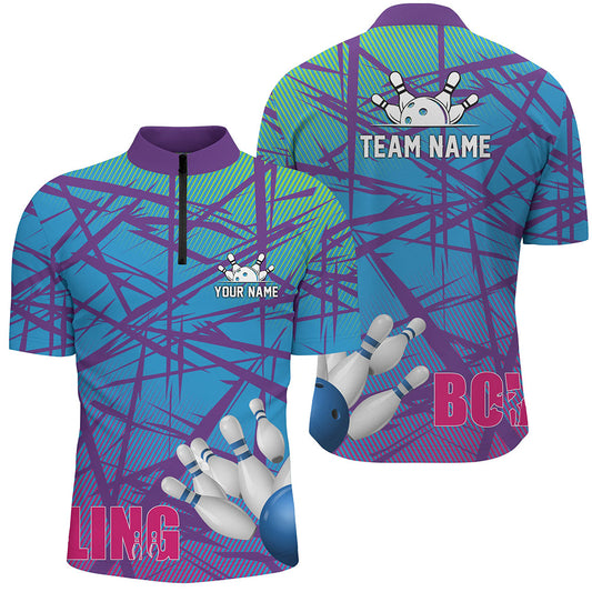 Personalized Men Quarter Zip Shirt blue purple camo Bowling Jerseys, Personalized Bowling Team Shirts NQS6996
