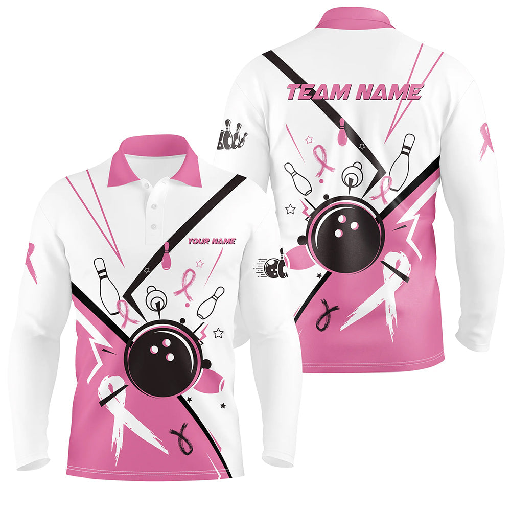Pink ribbon breast cancer awareness bowling jerseys Custom Team Bowling Polo Shirt for men | White NQS7245