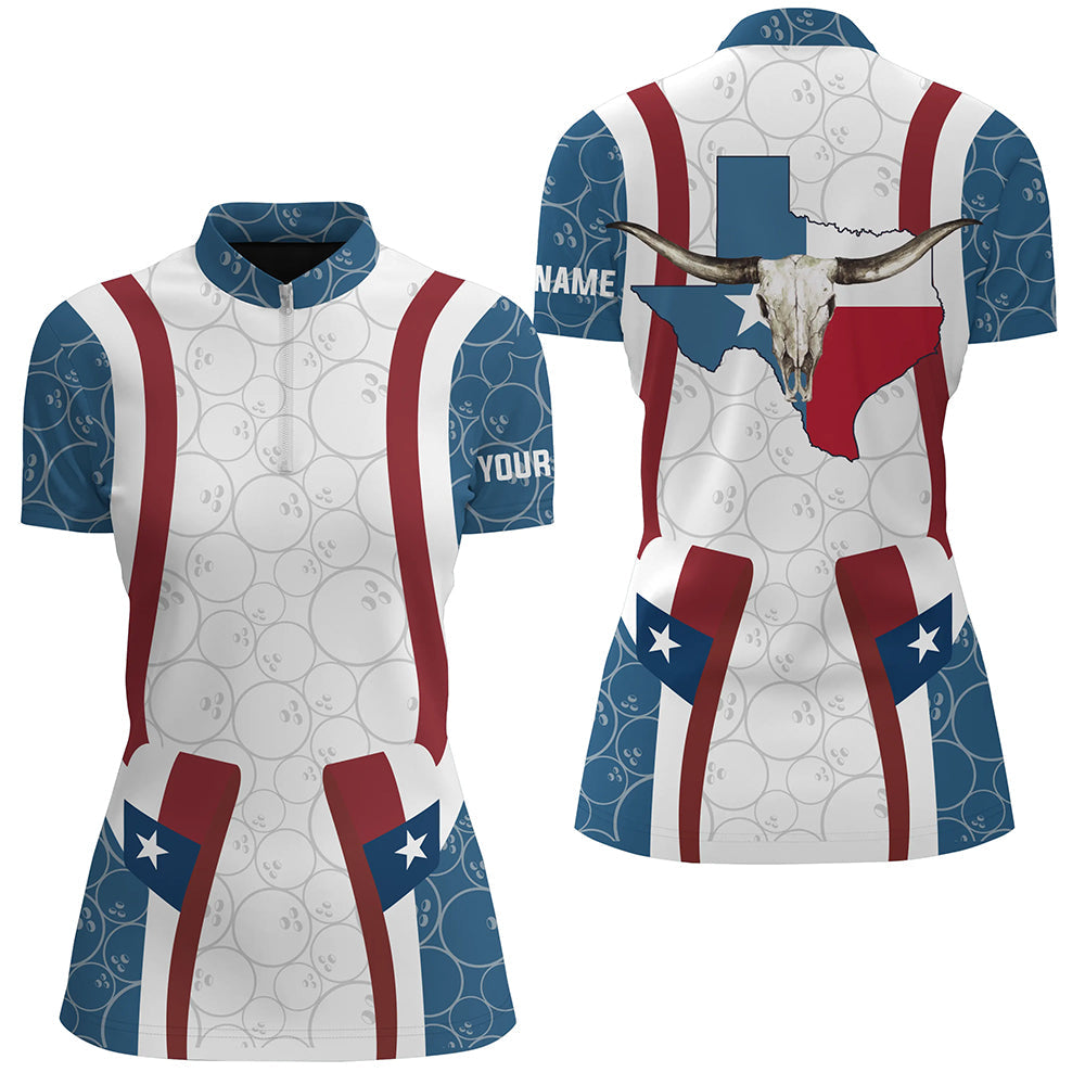 Texas Flag Longhorn Bowling Shirts For Women Team League Jersey Custom Bowling Quarter Zip Shirts NQS6537