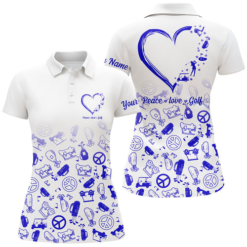 Womens golf polo shirts custom name blue heart peace love golf, personalized golf shirts for women NQS5148