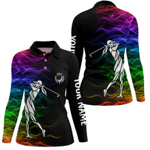 Load image into Gallery viewer, Personalized colorful rainbow smoke pattern black Womens golf polo shirts custom ladies golf tops NQS7262