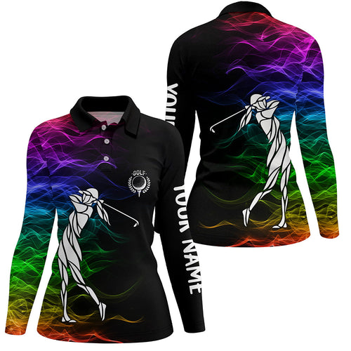 Personalized colorful rainbow smoke pattern black Womens golf polo shirts custom ladies golf tops NQS7262