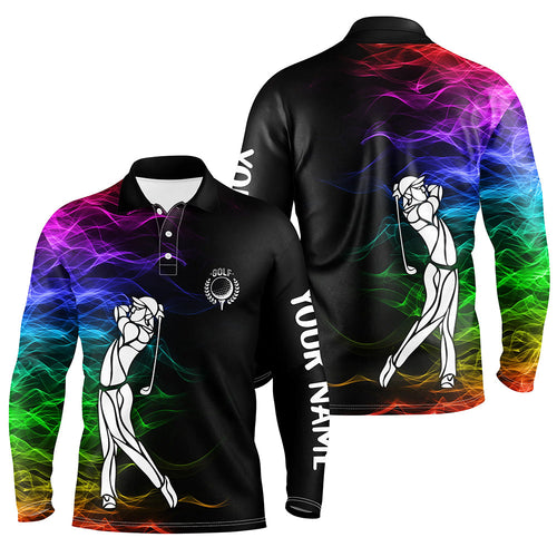Personalized colorful rainbow smoke pattern black Mens golf polo shirts custom golf tops for mens NQS7262