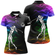 Load image into Gallery viewer, Personalized colorful rainbow smoke pattern black Womens golf polo shirts custom ladies golf tops NQS7262