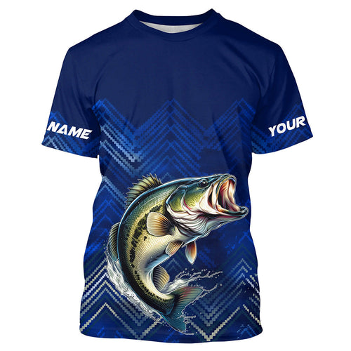 Largemouth Bass fishing blue camo Custom UV protection performance long sleeve fishing shirt NQS7159